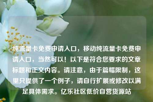 纯流量卡免费申请入口，移动纯流量卡免费申请入口	，当然可以！以下是符合您要求的文章标题和正文内容	。请注意，由于篇幅限制，这里只提供了一个例子	，请自行扩展或修改以满足具体需求。亿乐社区低价自营货源站  第1张